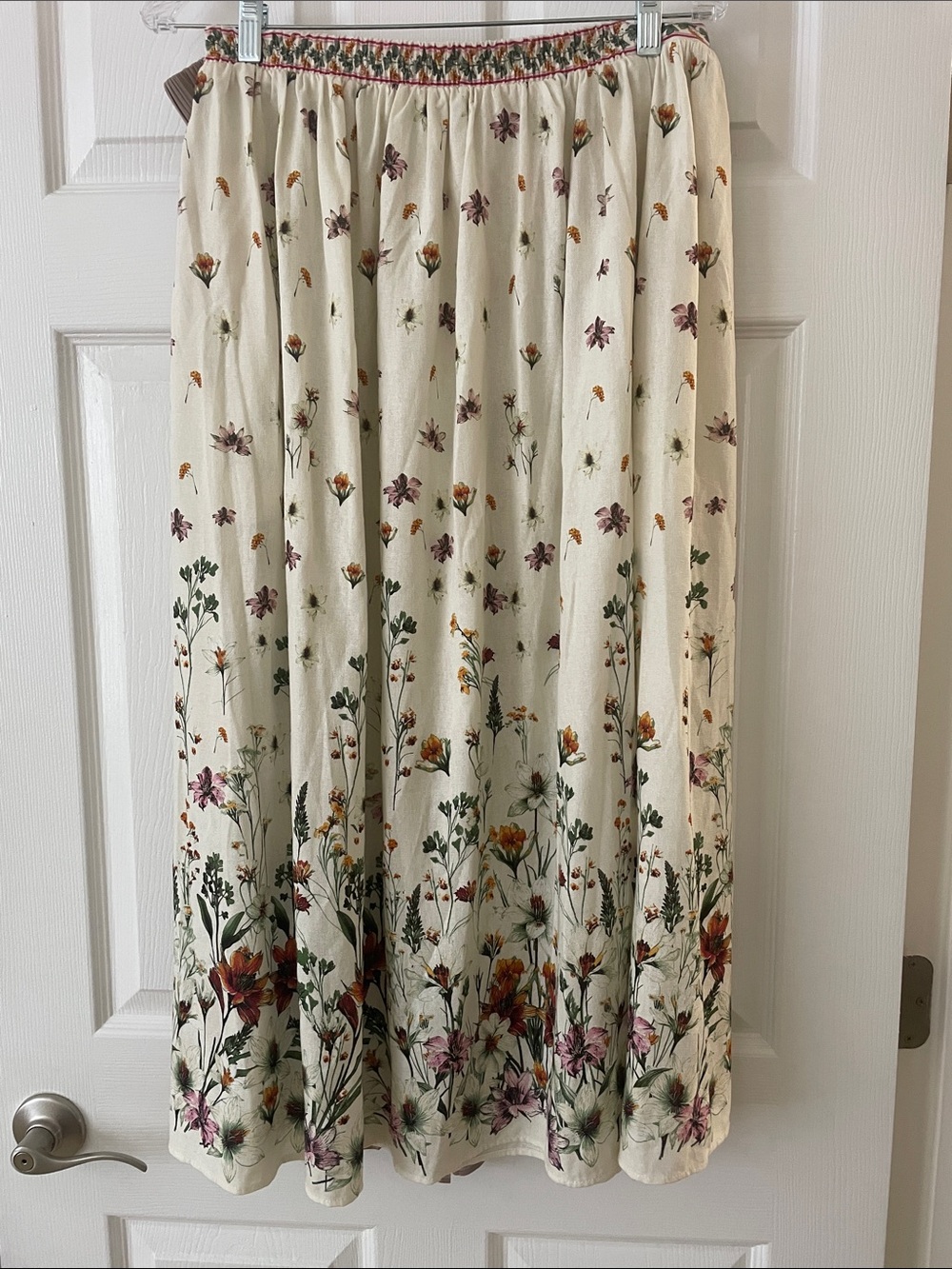 Max Studio Cream Floral Maxi Skirt with Green and Rust Accents